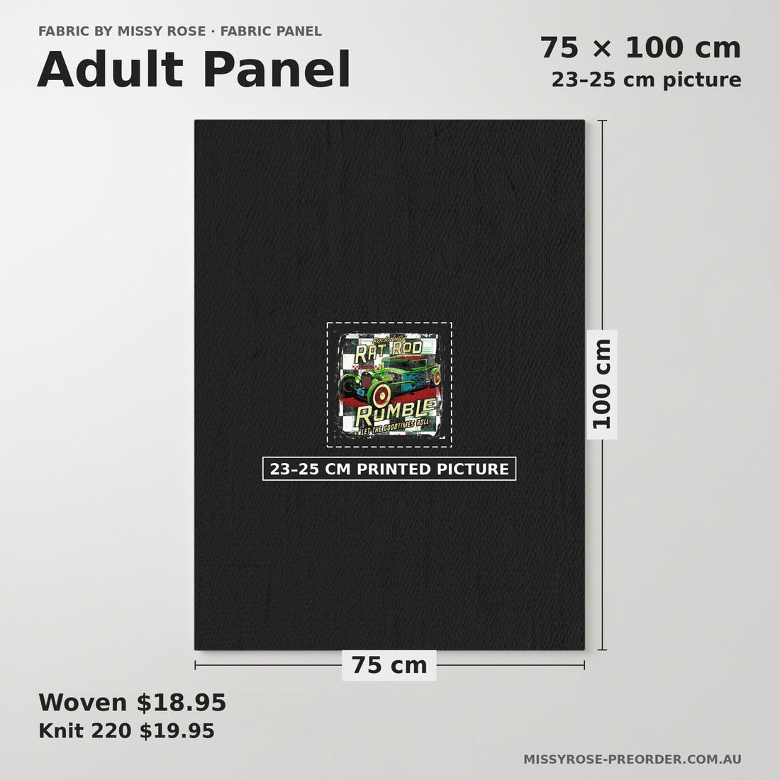Design 244 Rat Rod Panel adult panel sizing – 23–25 cm printed picture on 75 × 100 cm fabric | Fabric by Missy Rose