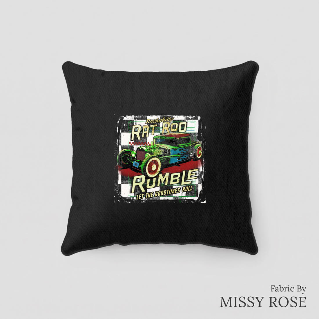 Design 244 Rat Rod Panel sewn into a cushion – see how the panel looks made up | Fabric by Missy Rose