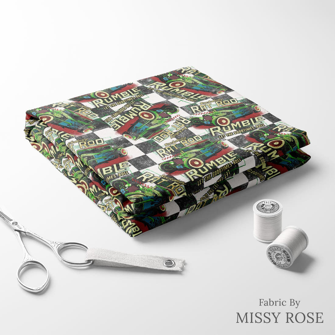 Design 244 Rat Rod Fabric folded fabric stack with matching thread – pre-order fabric Australia | Fabric by Missy Rose