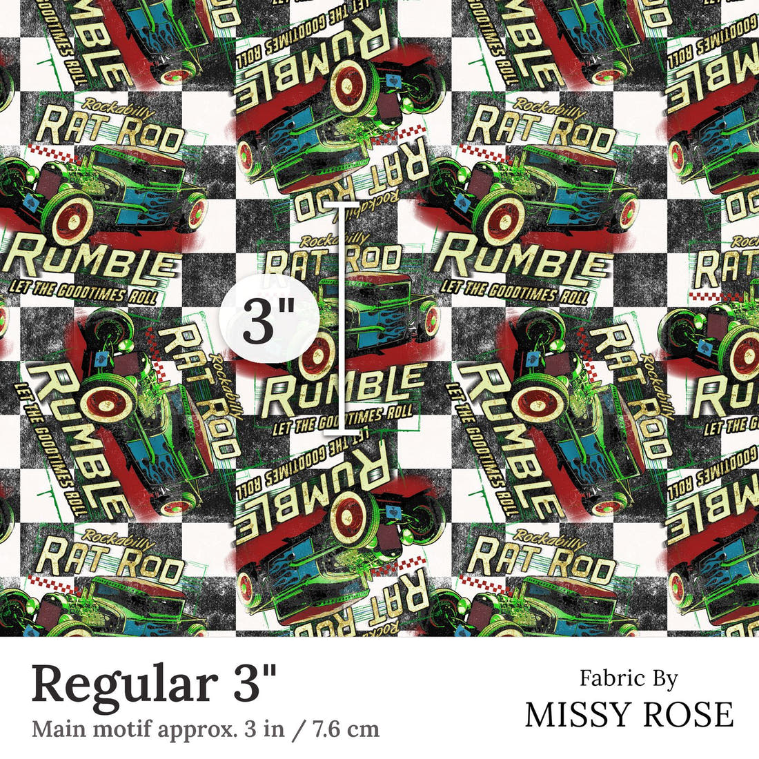 Design 244 Rat Rod Fabric Regular 3 inch print scale guide | Fabric by Missy Rose