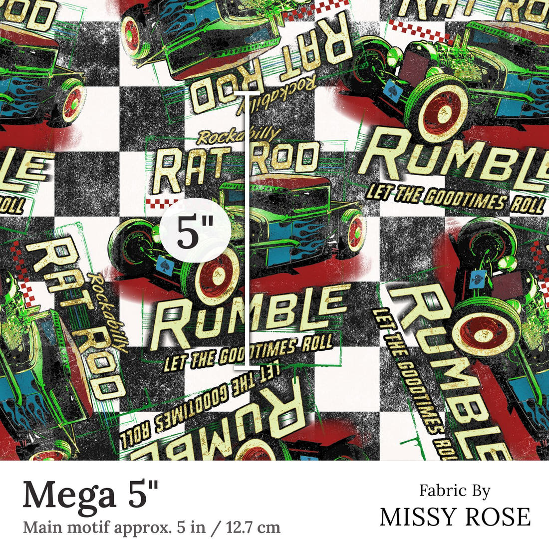Design 244 Rat Rod Fabric Mega 5 inch print scale guide | Fabric by Missy Rose