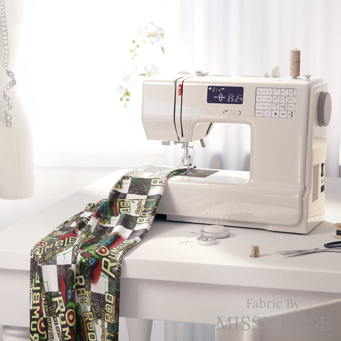 Design 244 Rat Rod Fabric on a sewing machine – premium fabric for sewing projects | Fabric by Missy Rose