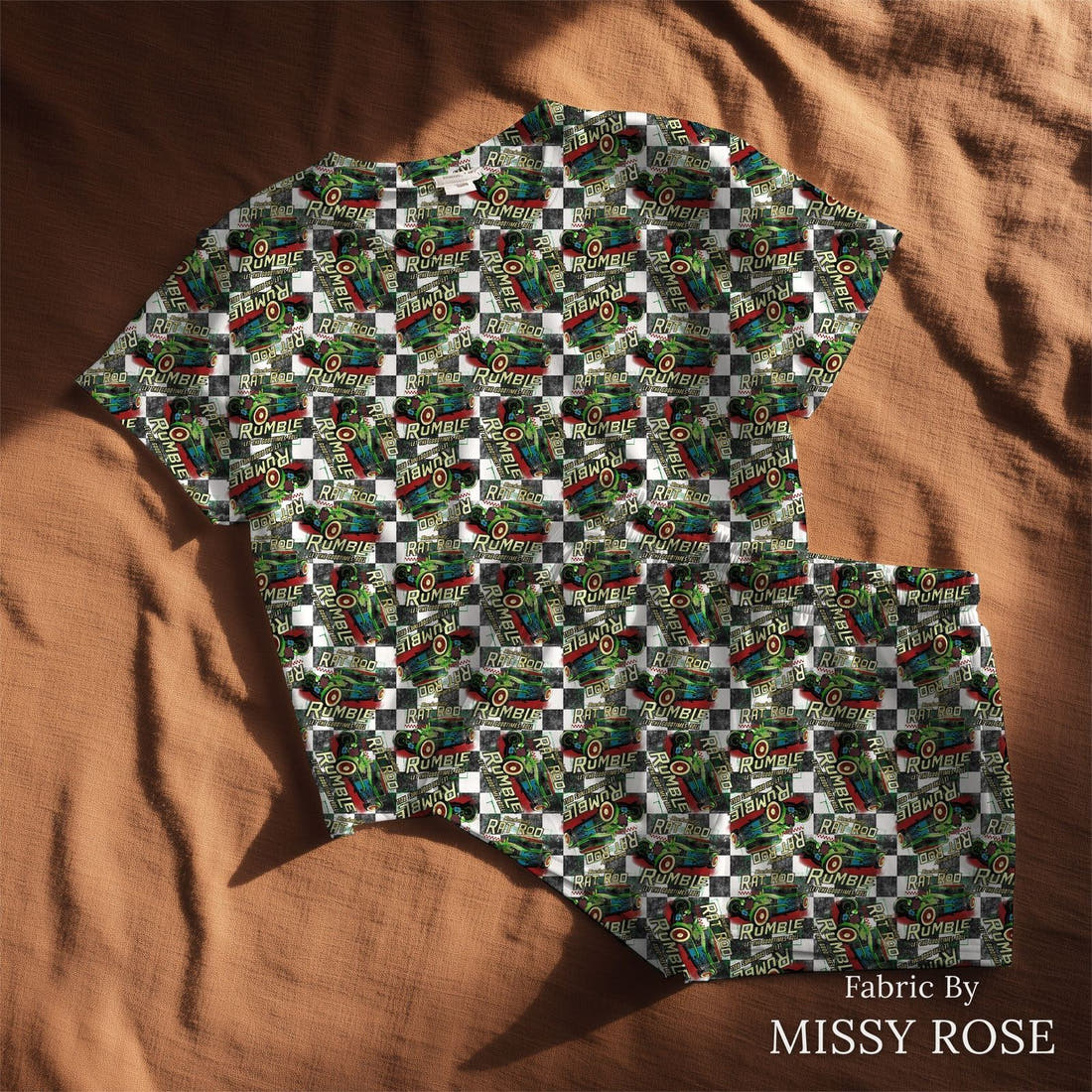 Design 244 Rat Rod Fabric sewn into a lounge set – see how the print looks made up | Fabric by Missy Rose