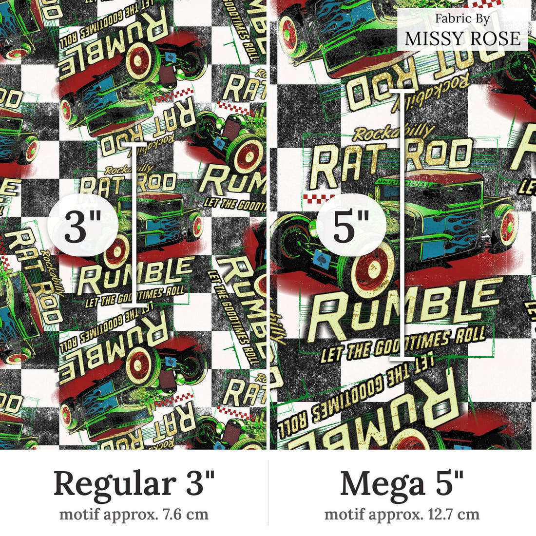 Design 244 Rat Rod Fabric Regular 3 inch vs Mega 5 inch print scale side by side | Fabric by Missy Rose