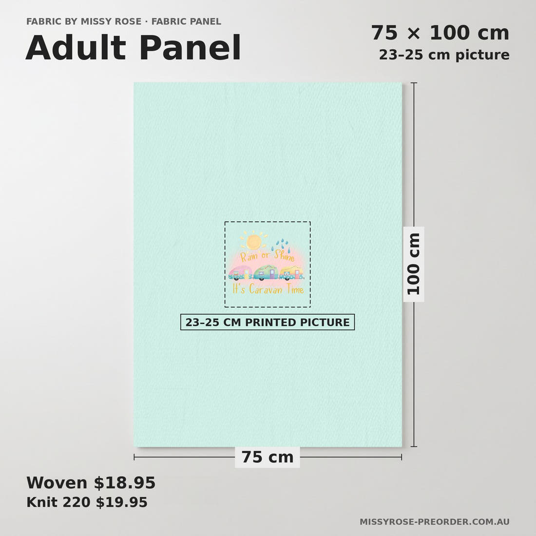 Design 245 Pastel Caravan Panel adult panel sizing – 23–25 cm printed picture on 75 × 100 cm fabric | Fabric by Missy Rose