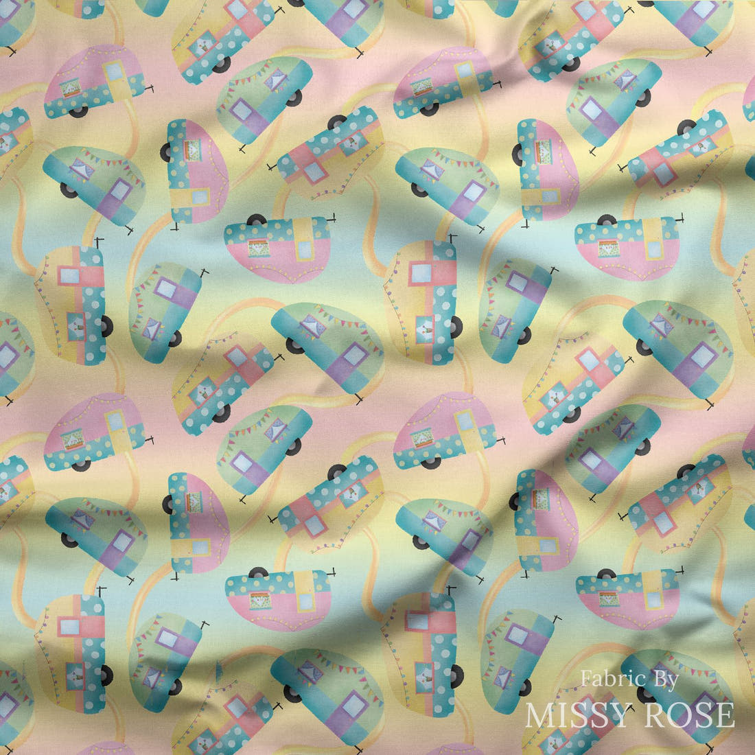 Design 245 Pastel Caravan Fabric draped fabric mockup – custom printed fabric by the metre | Fabric by Missy Rose