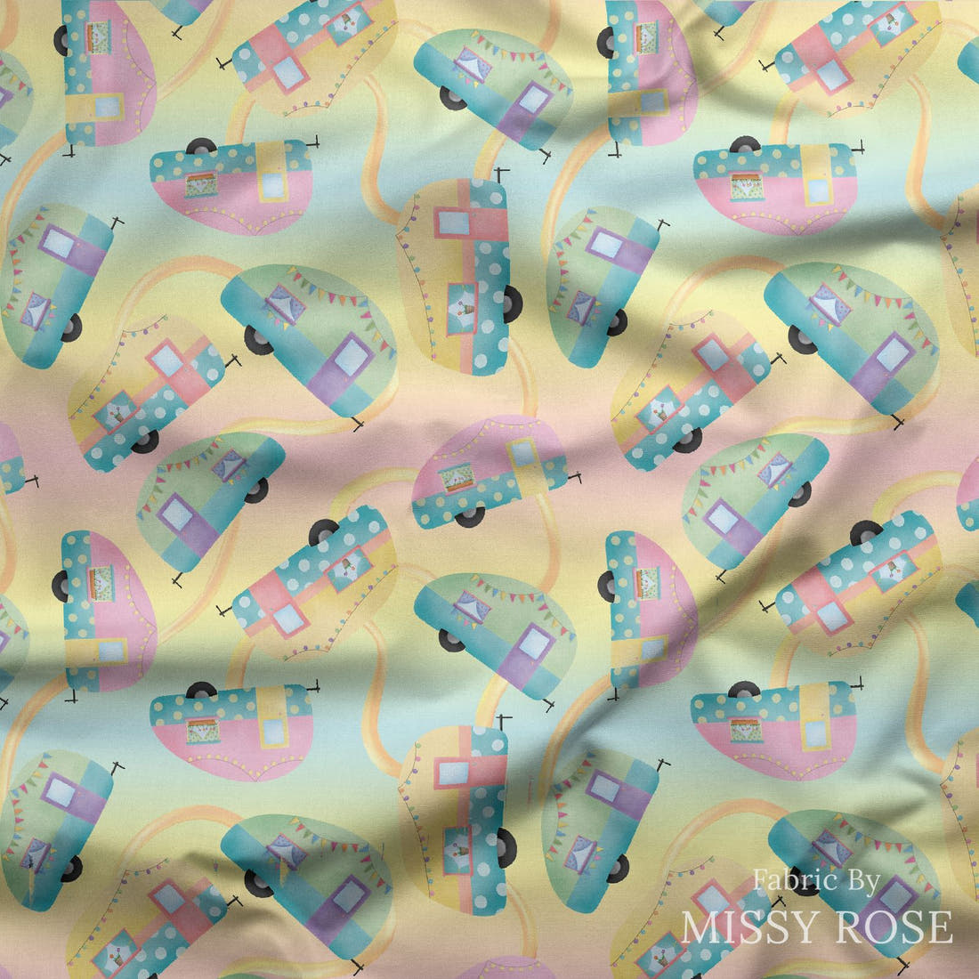 Design 245 Pastel Caravan Fabric draped fabric mockup – custom printed fabric by the metre | Fabric by Missy Rose