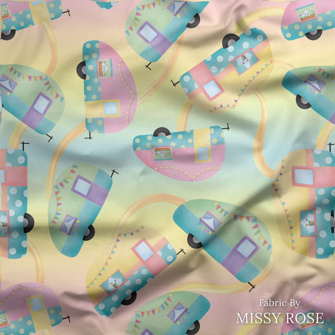 Design 245 Pastel Caravan Fabric draped fabric mockup – custom printed fabric by the metre | Fabric by Missy Rose