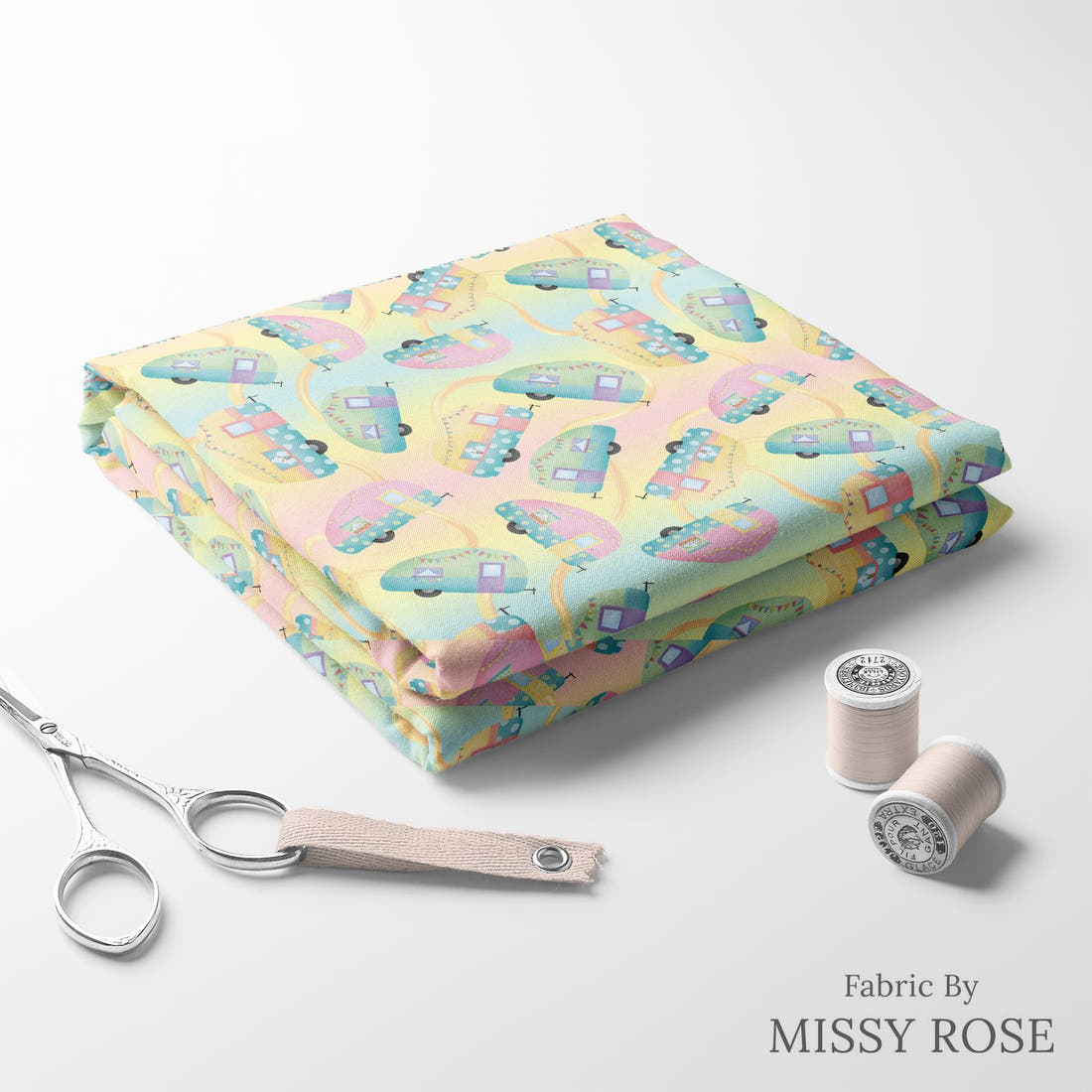 Design 245 Pastel Caravan Fabric folded fabric stack with matching thread – pre-order fabric Australia | Fabric by Missy Rose