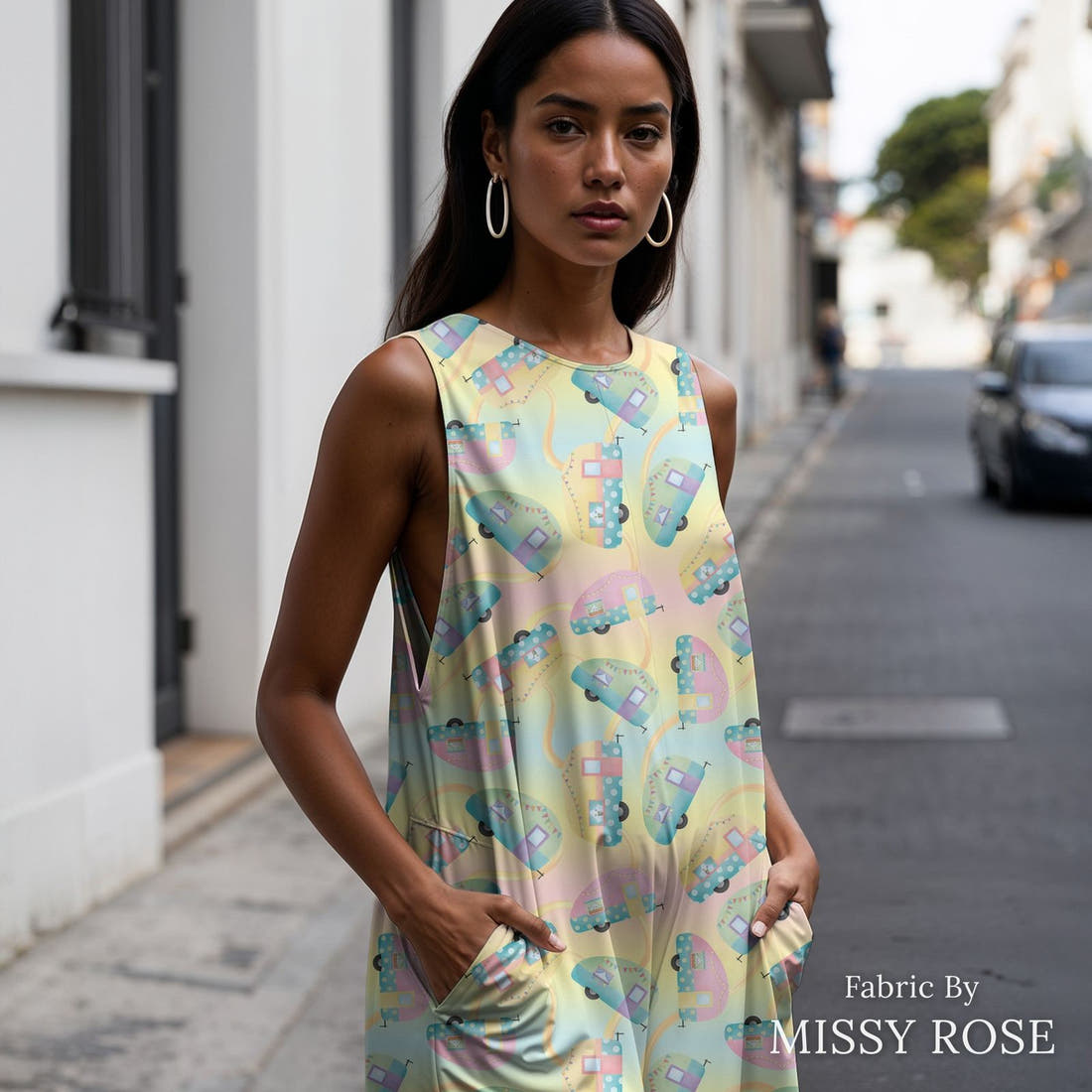 Design 245 Pastel Caravan Fabric sewn into a women's jumpsuit – see how the print looks made up | Fabric by Missy Rose