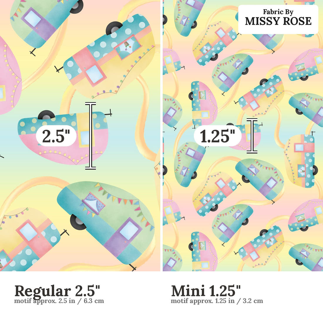 Design 245 Pastel Caravan Fabric size comparison - print scale | Fabric by Missy Rose