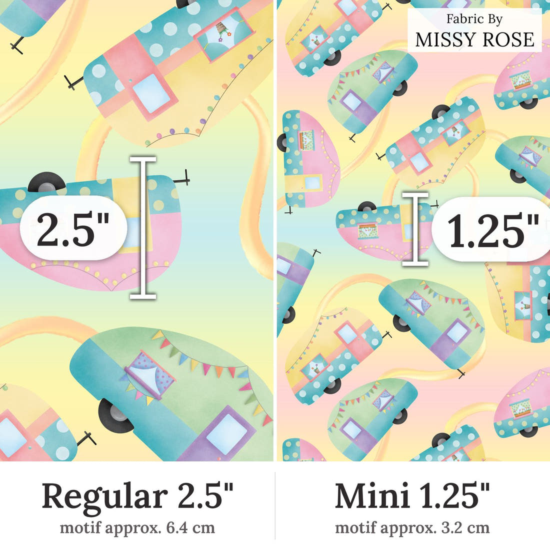 Design 245 Pastel Caravan Fabric Regular 2.5 inch vs Mini 1.25 inch print scale side by side | Fabric by Missy Rose