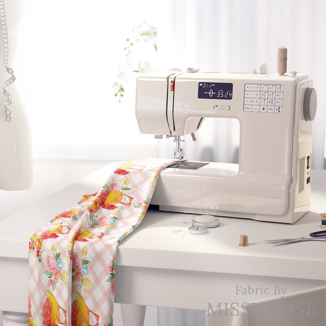 Design 246 Plaid Chick Fabric on a sewing machine – premium fabric for sewing projects | Fabric by Missy Rose