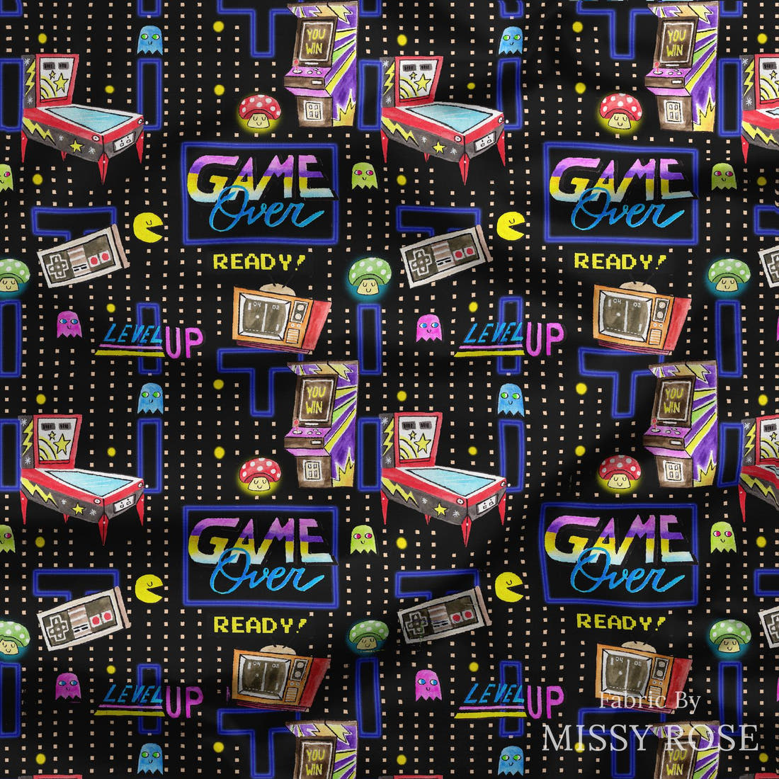 Design 247 Retro Gamer Fabric draped fabric mockup – custom printed fabric by the metre | Fabric by Missy Rose