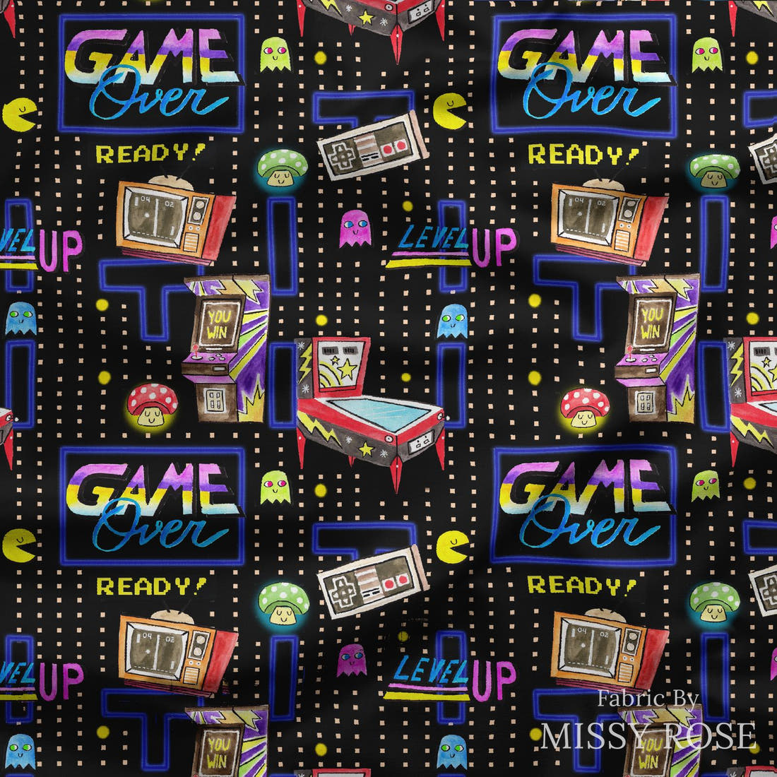 Design 247 Retro Gamer Fabric draped fabric mockup – custom printed fabric by the metre | Fabric by Missy Rose