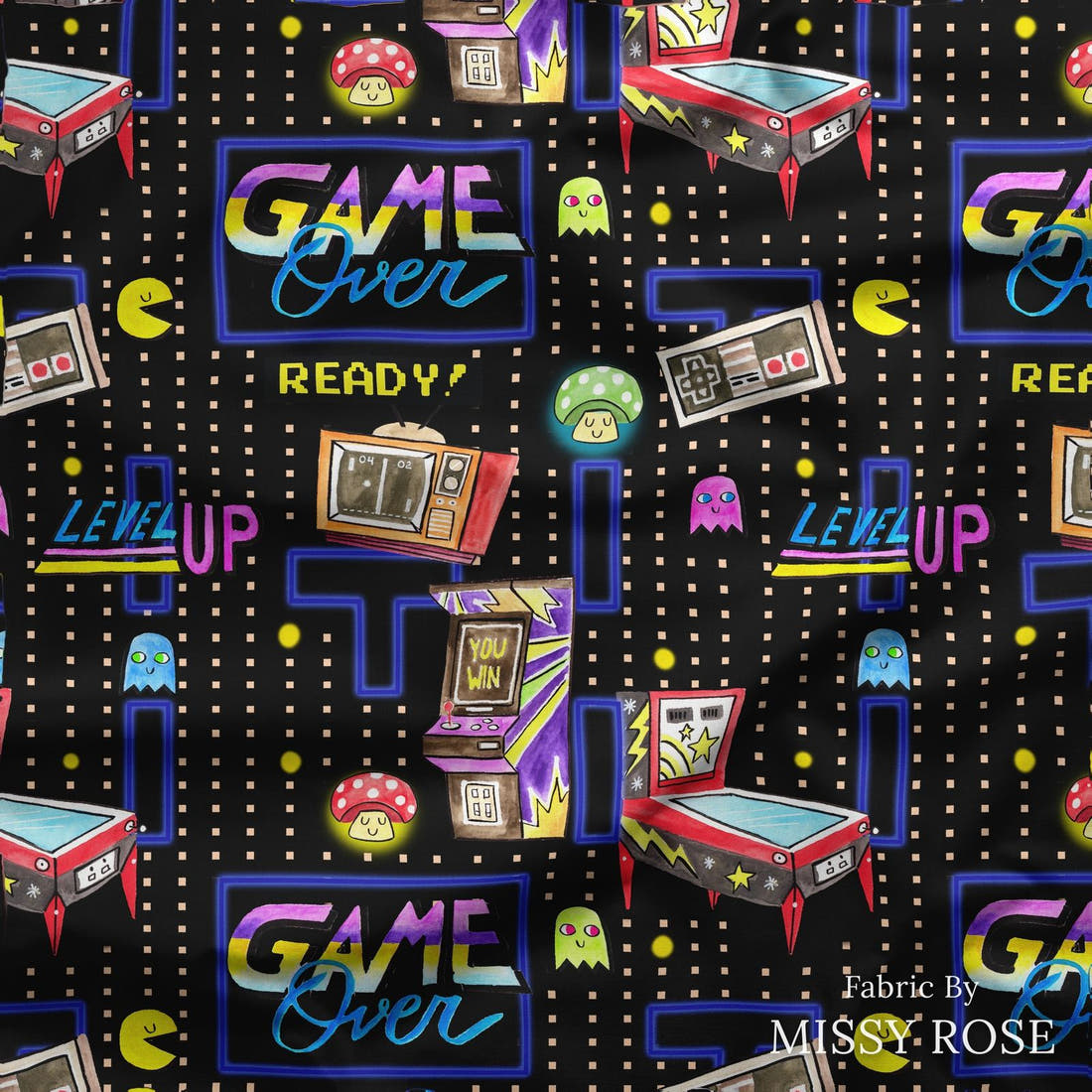Design 247 Retro Gamer Fabric draped fabric mockup – custom printed fabric by the metre | Fabric by Missy Rose