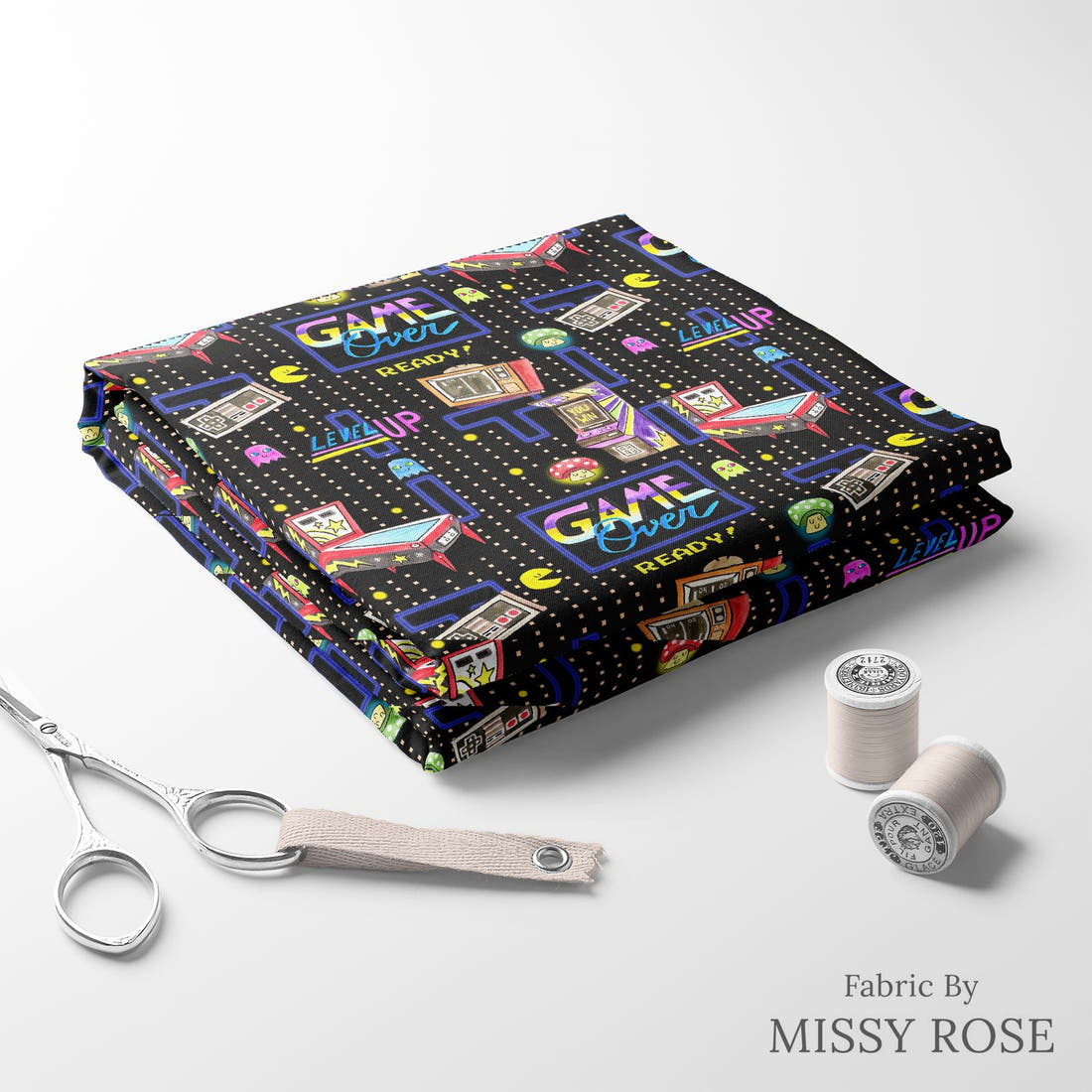 Design 247 Retro Gamer Fabric folded fabric stack with matching thread – pre-order fabric Australia | Fabric by Missy Rose