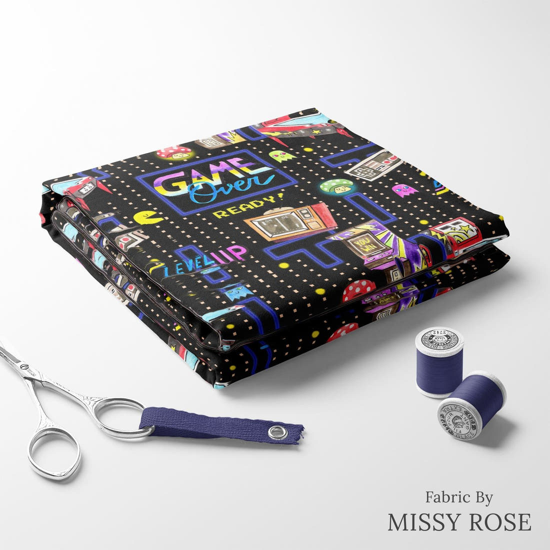 Design 247 Retro Gamer Fabric folded fabric stack with matching thread – pre-order fabric Australia | Fabric by Missy Rose