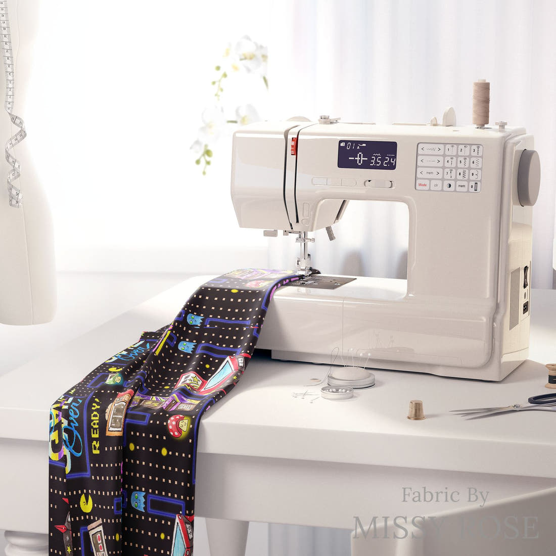 Design 247 Retro Gamer Fabric on a sewing machine – premium fabric for sewing projects | Fabric by Missy Rose