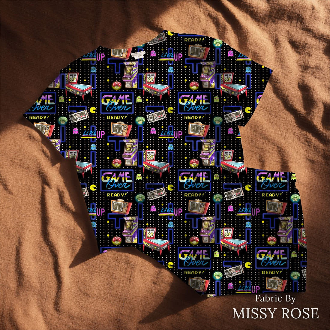 Design 247 Retro Gamer Fabric sewn into a lounge set – see how the print looks made up | Fabric by Missy Rose
