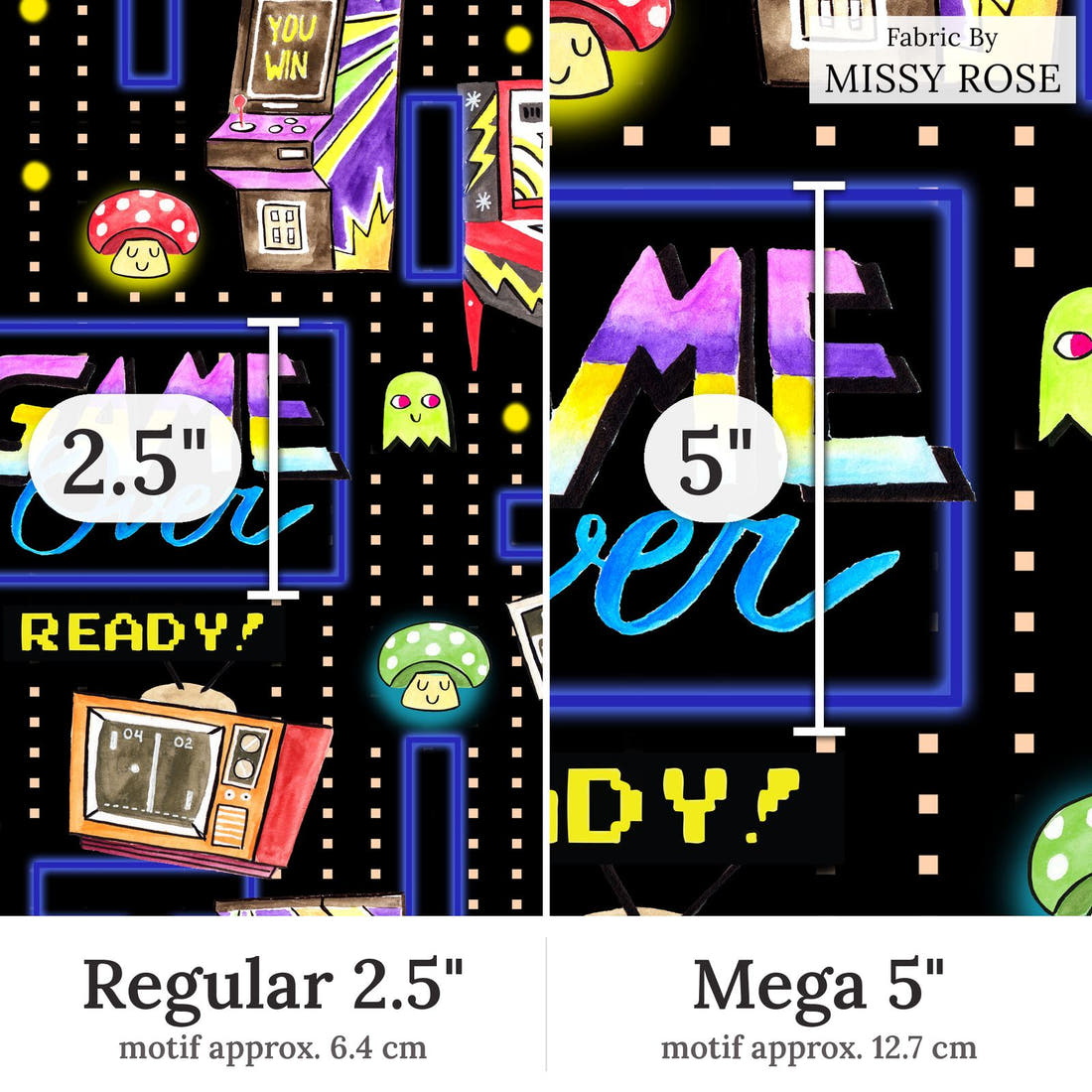 Design 247 Retro Gamer Fabric Regular 2.5 inch vs Mega 5 inch print scale side by side | Fabric by Missy Rose