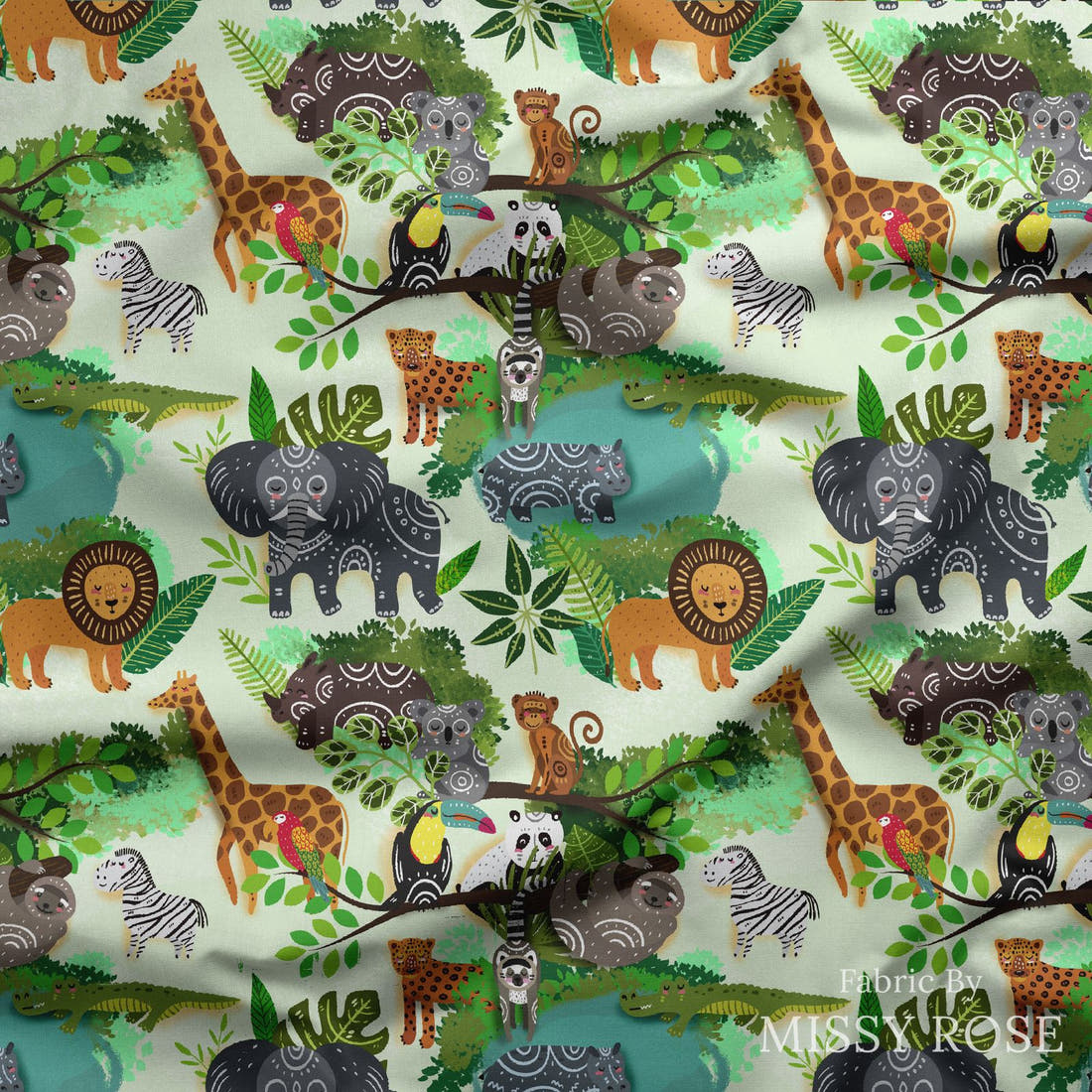 Design 248 Green Jungle Fabric draped fabric mockup – custom printed fabric by the metre | Fabric by Missy Rose