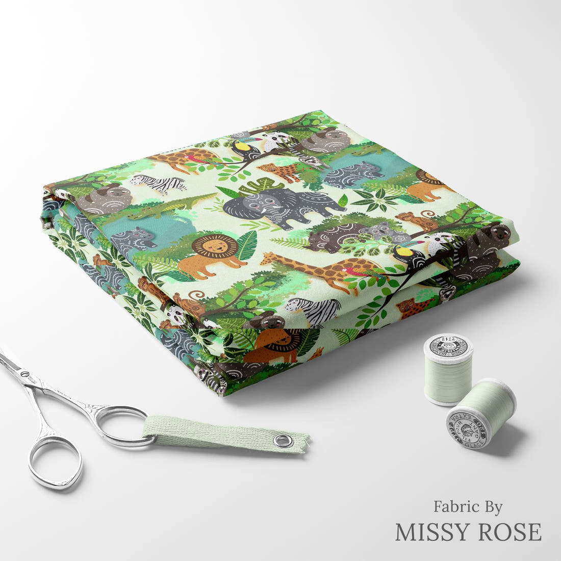 Design 248 Green Jungle Fabric folded fabric stack with matching thread – pre-order fabric Australia | Fabric by Missy Rose
