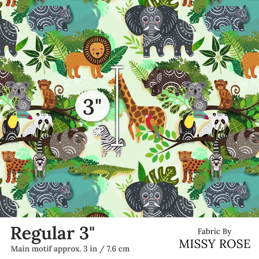 Design 248 Green Jungle Fabric Regular 3 inch print scale guide | Fabric by Missy Rose