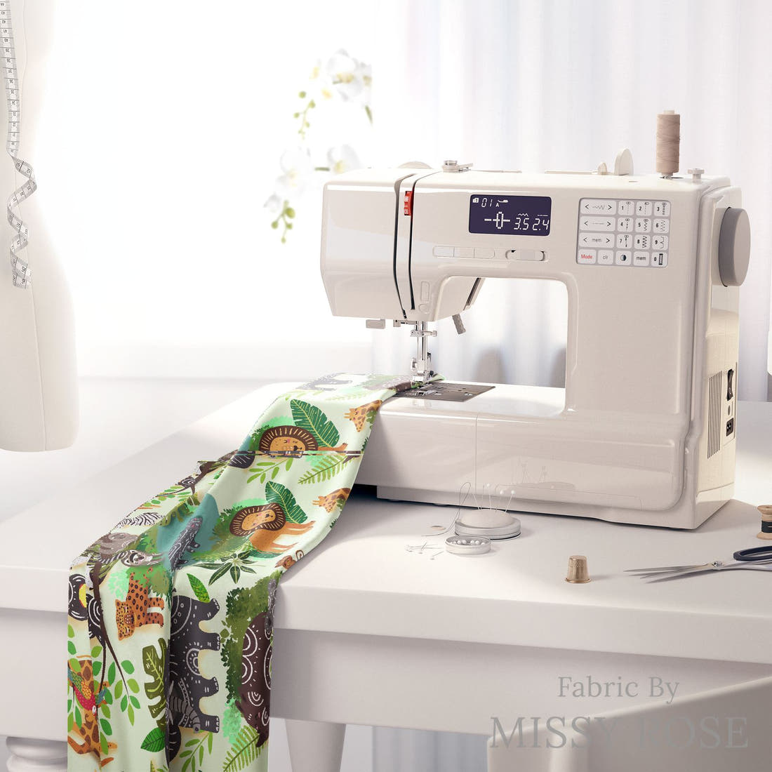 Design 248 Green Jungle Fabric on a sewing machine – premium fabric for sewing projects | Fabric by Missy Rose
