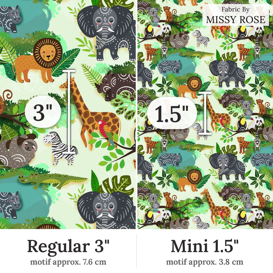 Design 248 Green Jungle Fabric Regular 3 inch vs Mini 1.5 inch print scale side by side | Fabric by Missy Rose