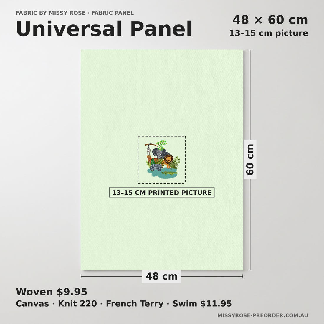 Design 248 Green Jungle Panel universal panel sizing – 13–15 cm printed picture on 48 × 60 cm fabric | Fabric by Missy Rose