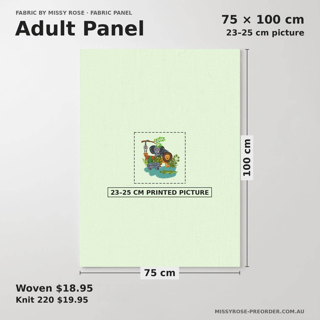 Design 248 Green Jungle Panel adult panel sizing – 23–25 cm printed picture on 75 × 100 cm fabric | Fabric by Missy Rose