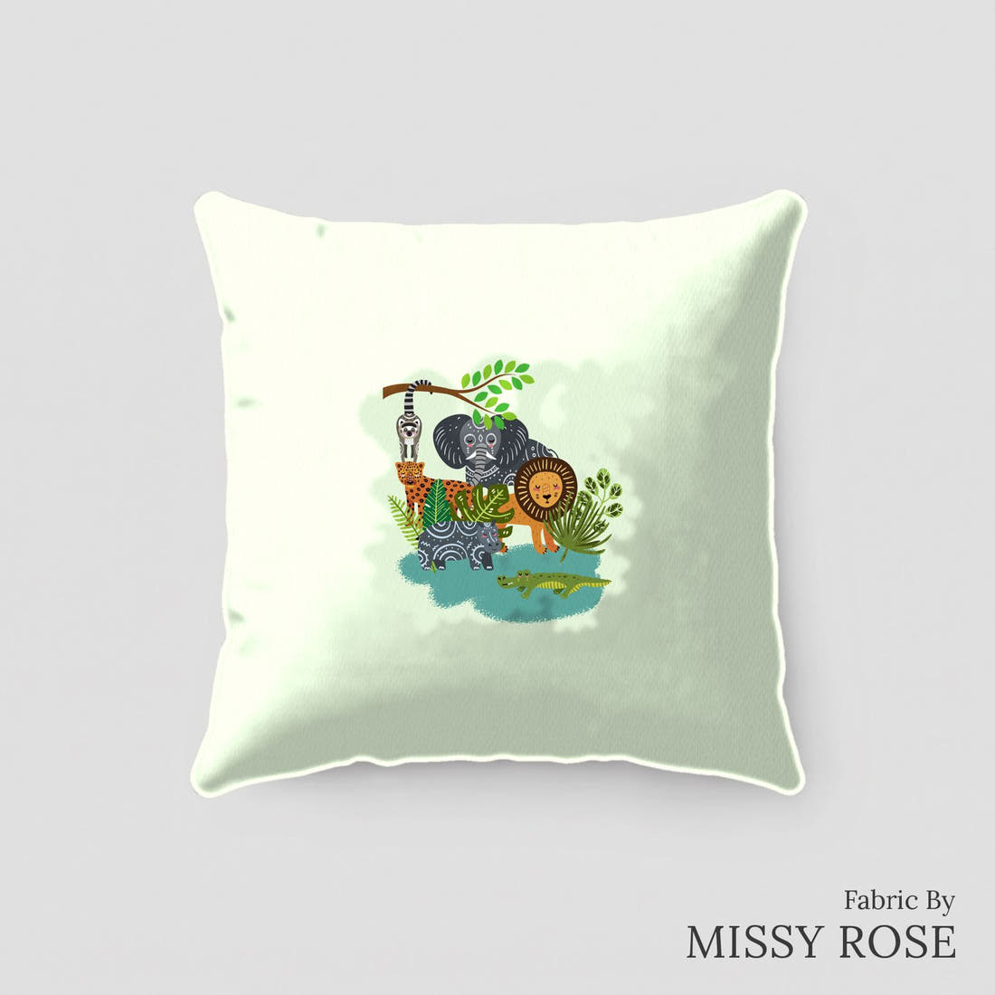 Design 248 Green Jungle Panel sewn into a cushion – see how the panel looks made up | Fabric by Missy Rose
