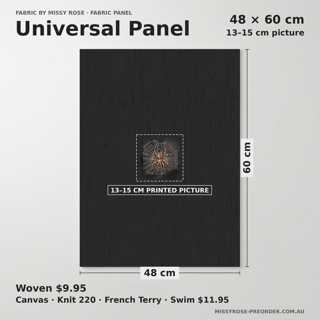 Design 249 Spider Panel universal panel sizing – 13–15 cm printed picture on 48 × 60 cm fabric | Fabric by Missy Rose