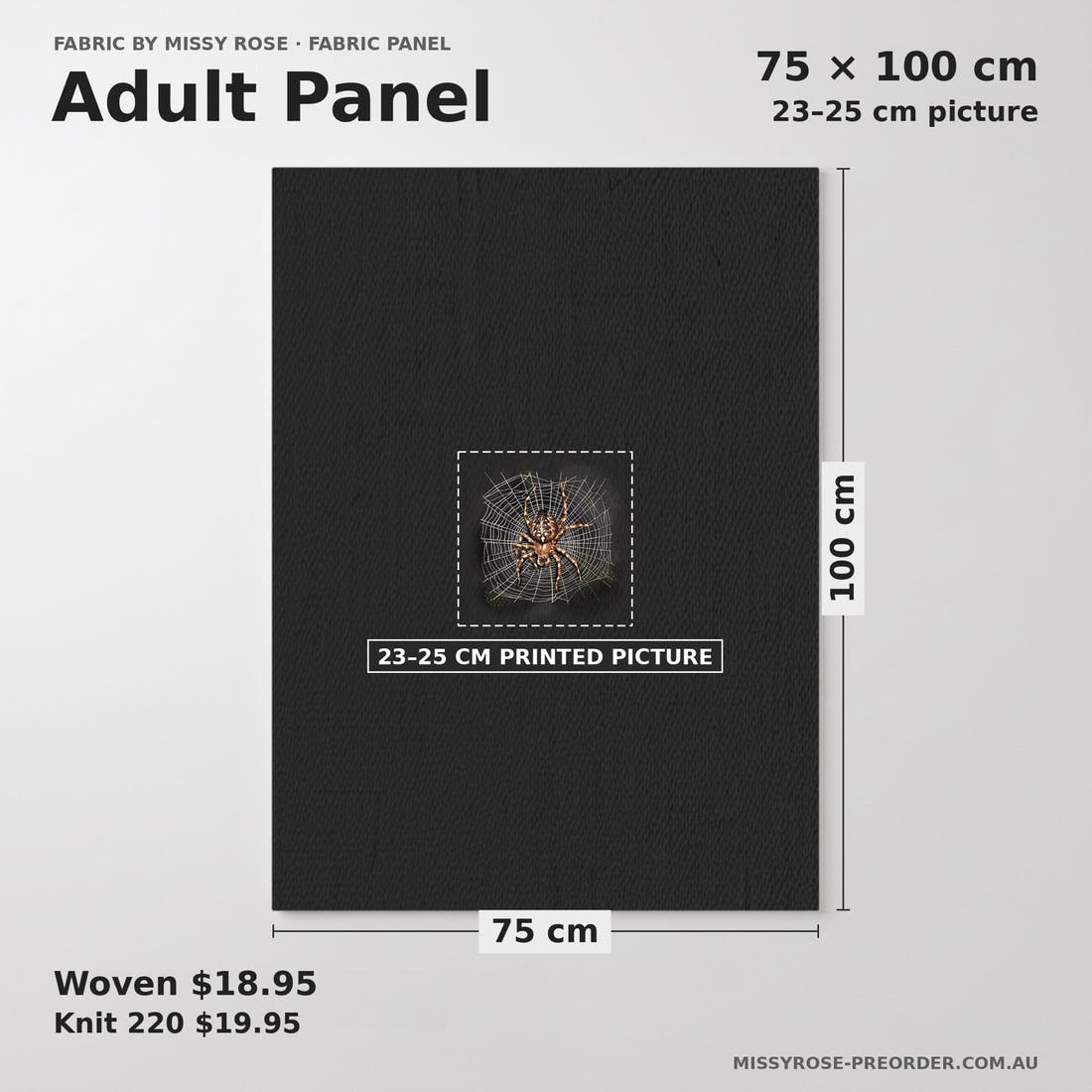 Design 249 Spider Panel adult panel sizing – 23–25 cm printed picture on 75 × 100 cm fabric | Fabric by Missy Rose