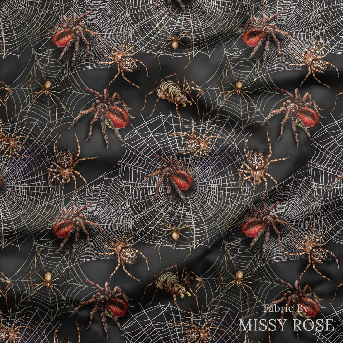 Design 249 Spider Fabric draped fabric mockup – custom printed fabric by the metre | Fabric by Missy Rose