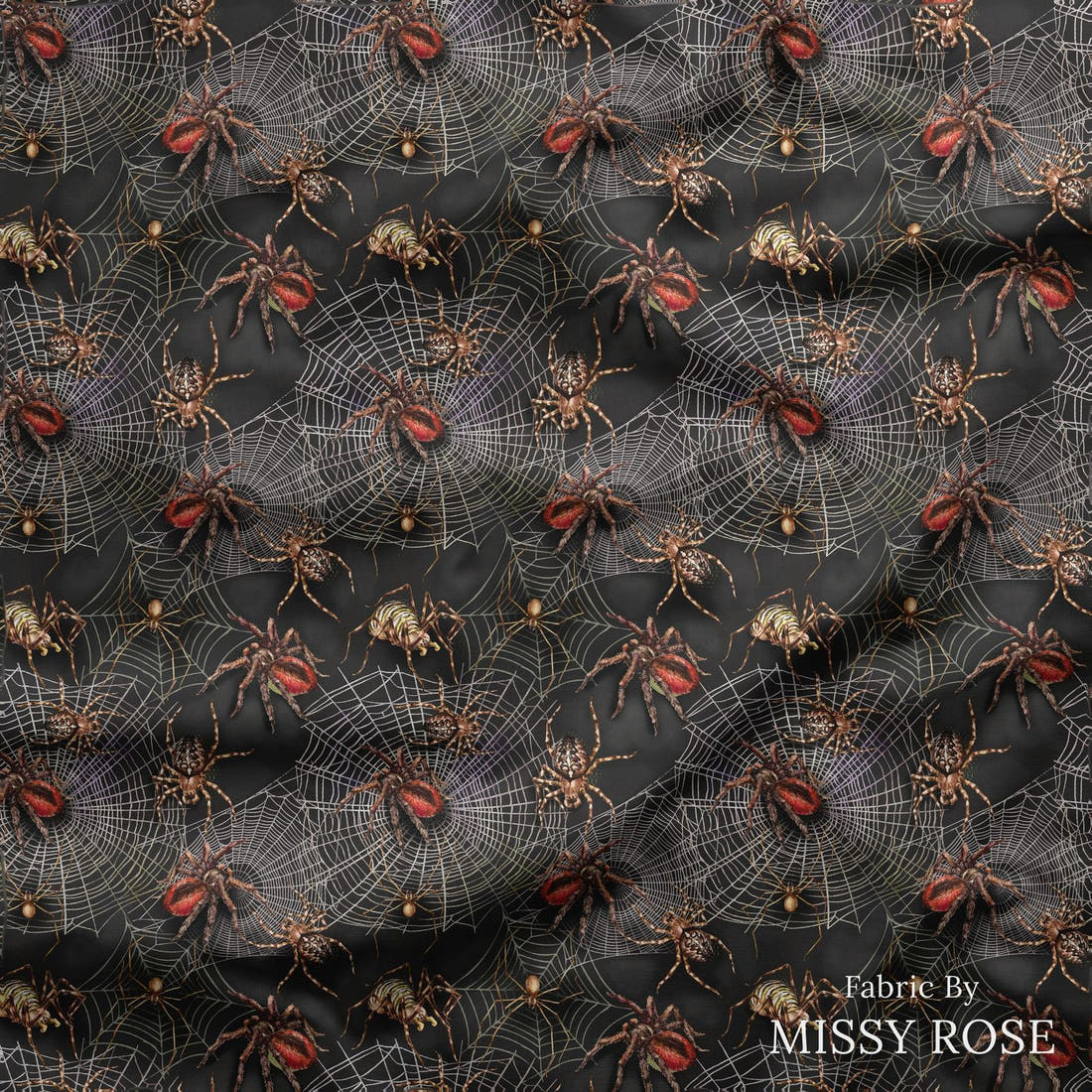 Design 249 Spider Fabric draped fabric mockup – custom printed fabric by the metre | Fabric by Missy Rose