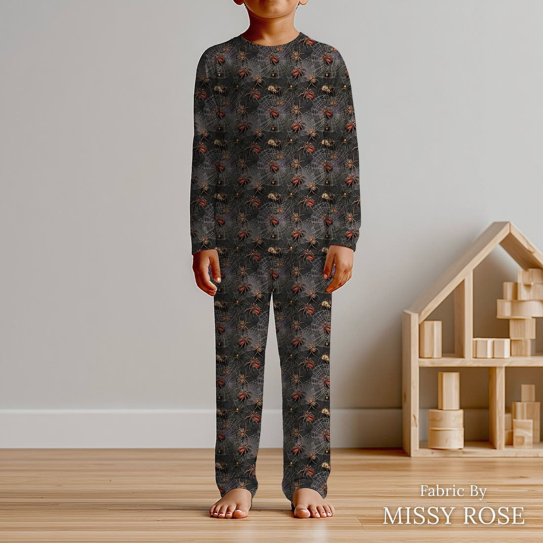 Design 249 Spider Fabric sewn into kids' pyjamas – see how the print looks made up | Fabric by Missy Rose