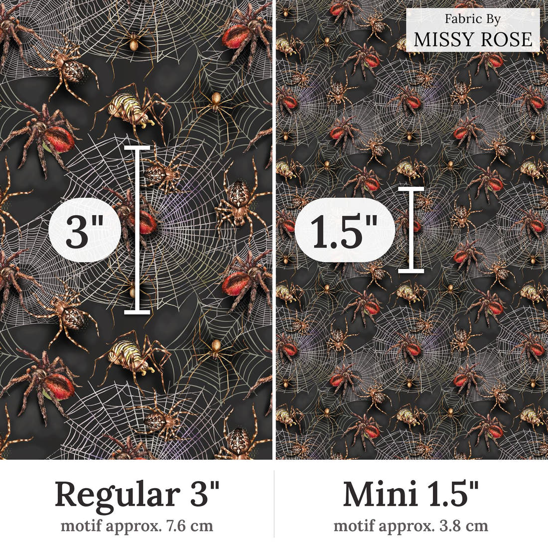 Design 249 Spider Fabric Regular 3 inch vs Mini 1.5 inch print scale side by side | Fabric by Missy Rose
