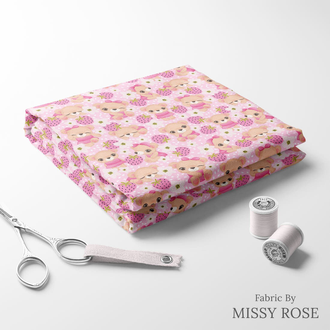 Design 25 Cute Bear Fabric folded fabric stack with matching thread – pre-order fabric Australia | Fabric by Missy Rose