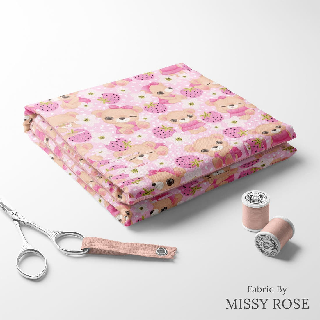 Design 25 Cute Bear Fabric folded fabric stack with matching thread – pre-order fabric Australia | Fabric by Missy Rose