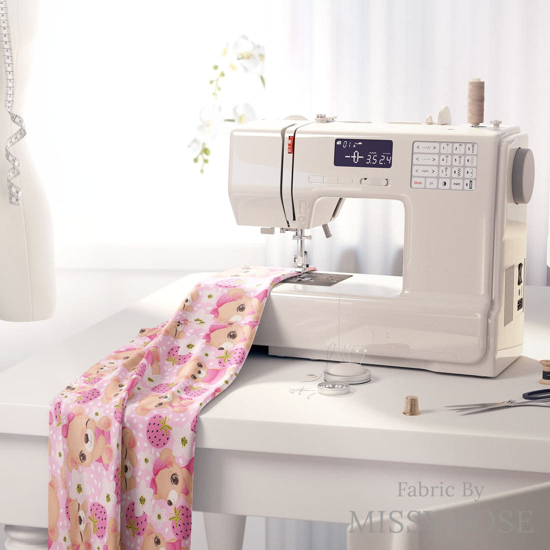 Design 25 Cute Bear Fabric on a sewing machine – premium fabric for sewing projects | Fabric by Missy Rose