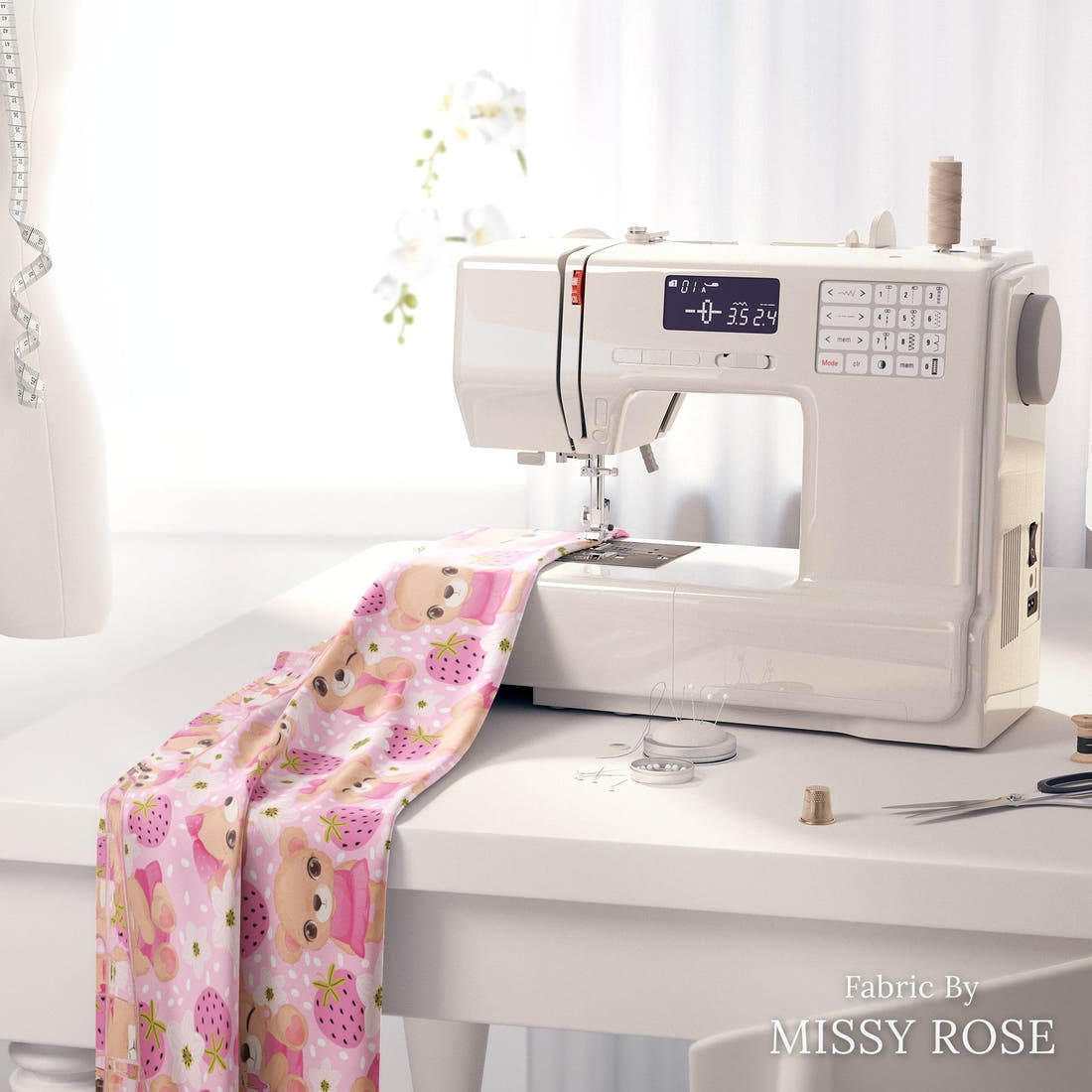 Design 25 Cute Bear Fabric on a sewing machine – premium fabric for sewing projects | Fabric by Missy Rose