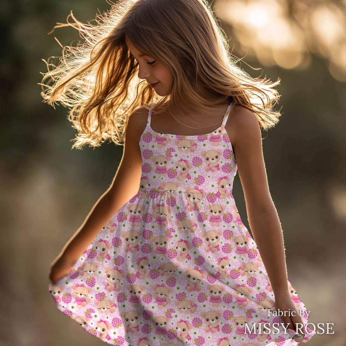 Design 25 Cute Bear Fabric sewn into a girls' dress – see how the print looks made up | Fabric by Missy Rose