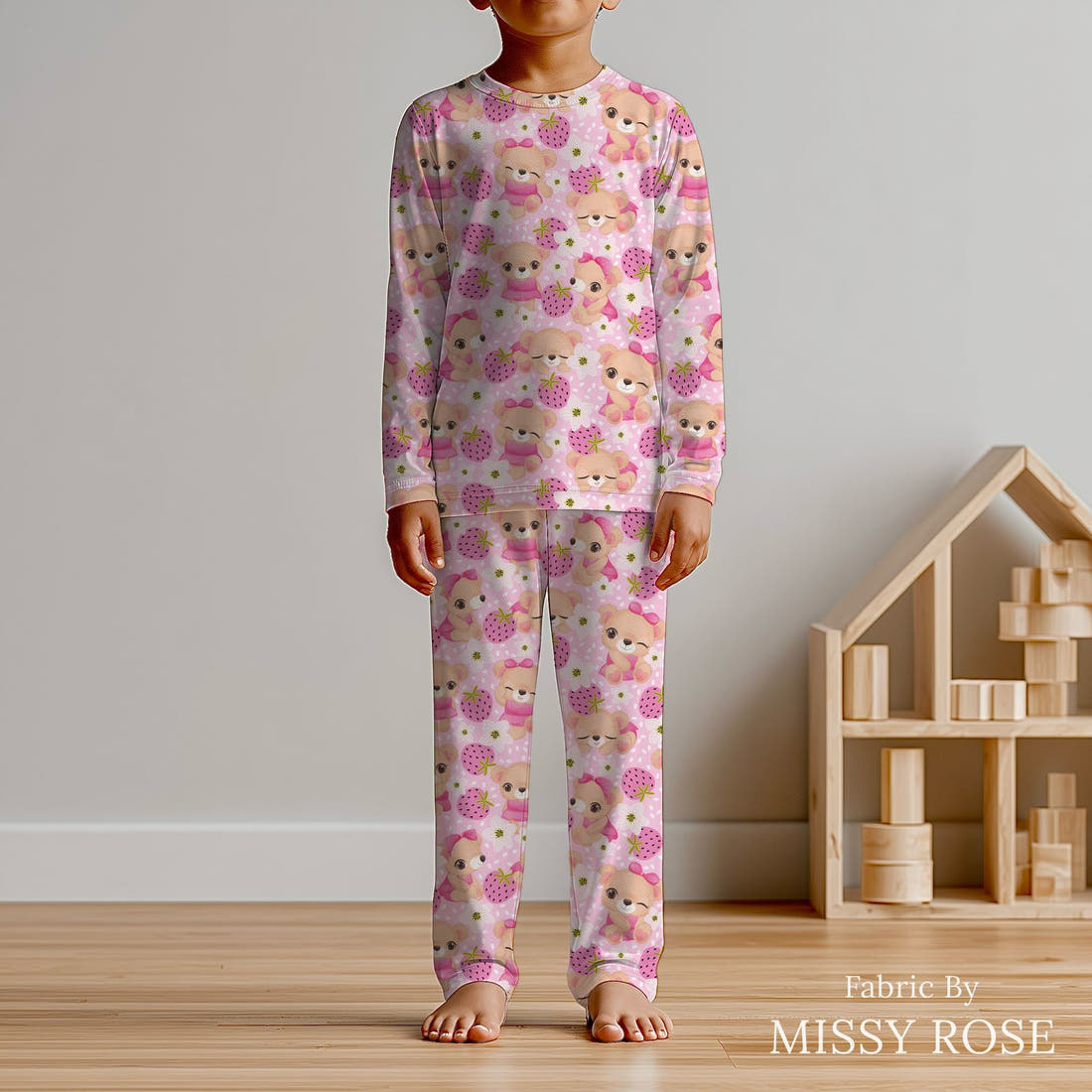 Design 25 Cute Bear Fabric sewn into kids' pyjamas – see how the print looks made up | Fabric by Missy Rose