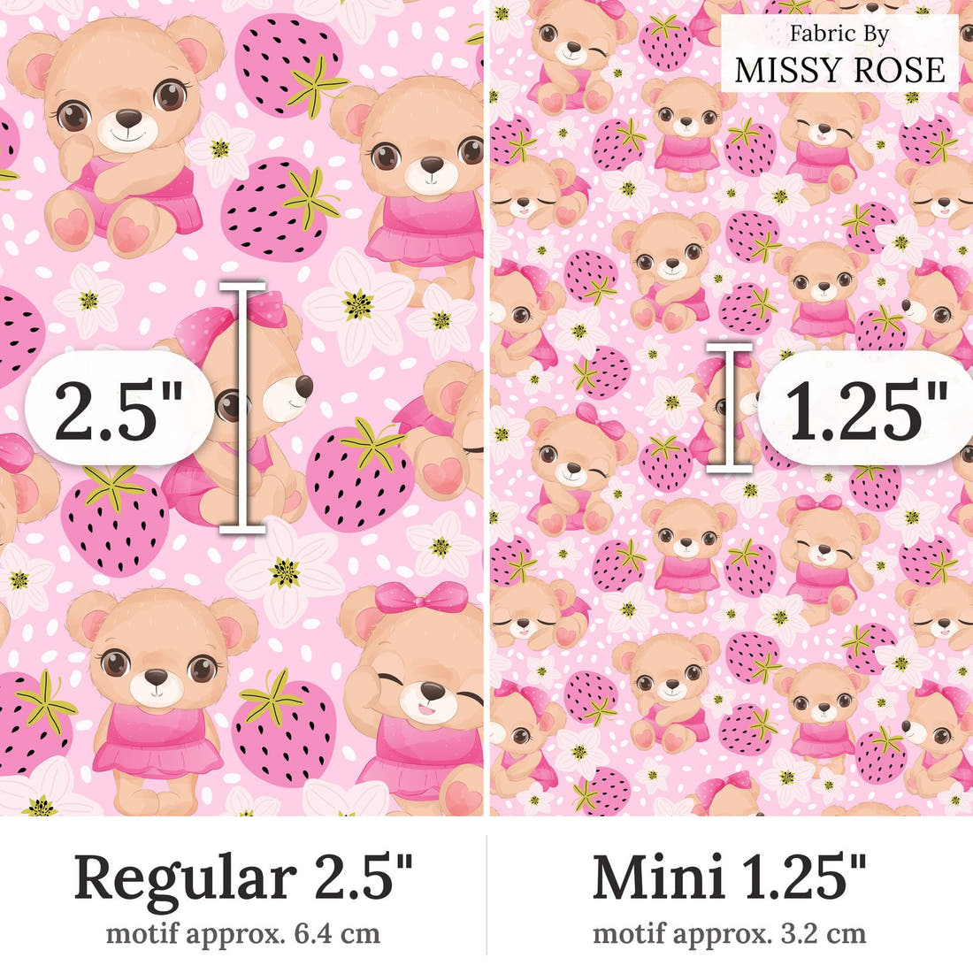 Design 25 Cute Bear Fabric Regular 2.5 inch vs Mini 1.25 inch print scale side by side | Fabric by Missy Rose