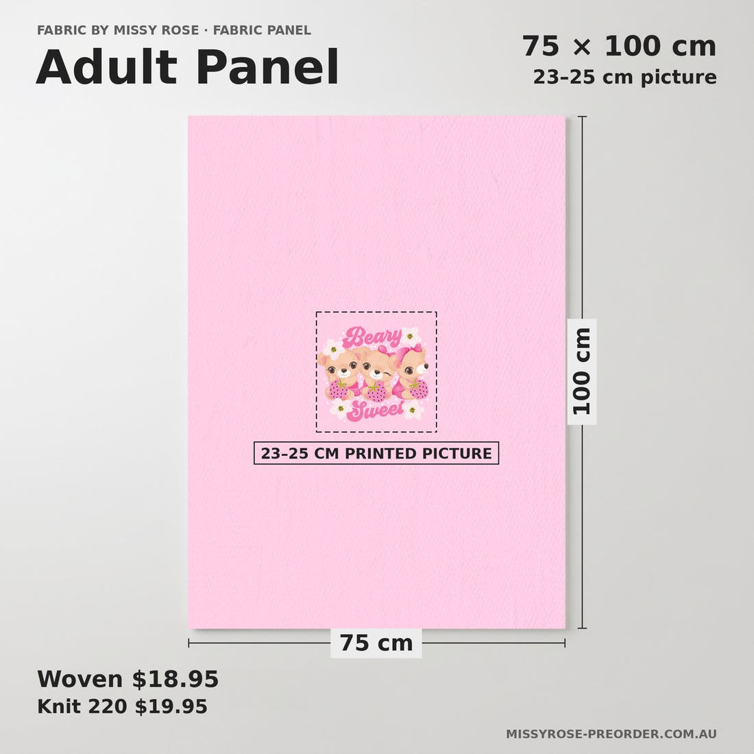 Design 25 Cute Bear Panel adult panel sizing – 23–25 cm printed picture on 75 × 100 cm fabric | Fabric by Missy Rose