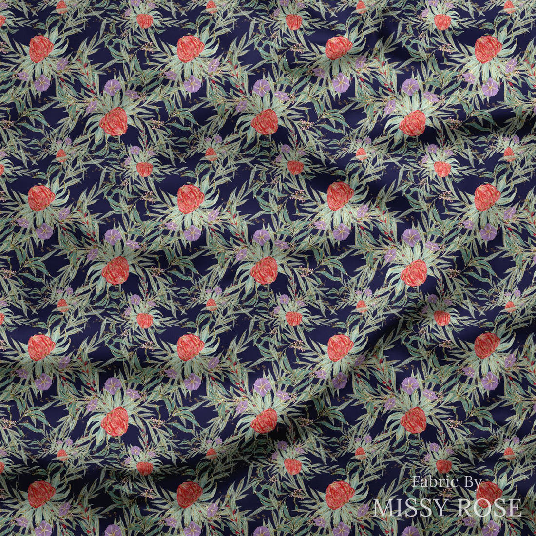 Design 250 Navy Australian Flowers Fabric draped fabric mockup – custom printed fabric by the metre | Fabric by Missy Rose