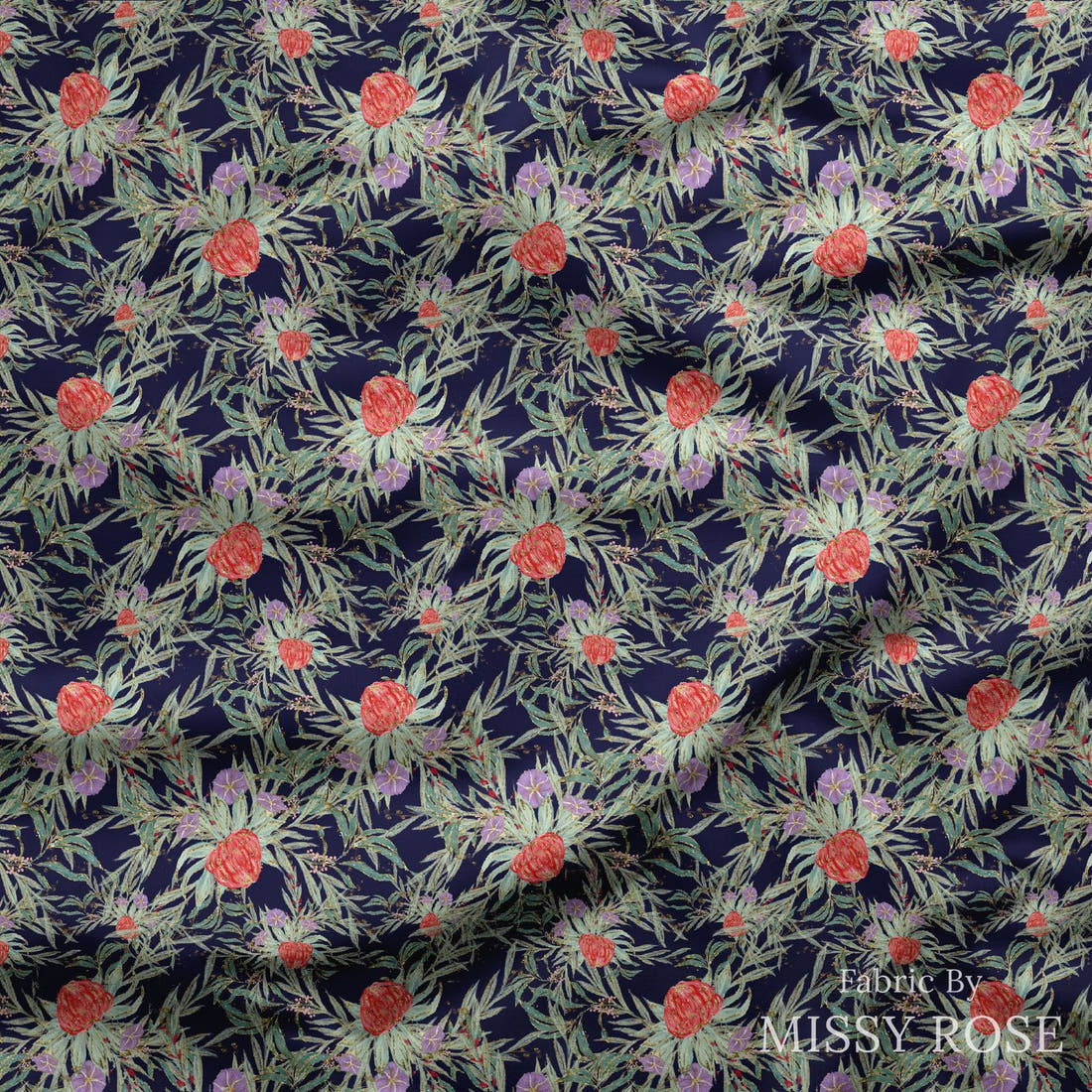 Design 250 Navy Australian Flowers Fabric draped fabric mockup – custom printed fabric by the metre | Fabric by Missy Rose