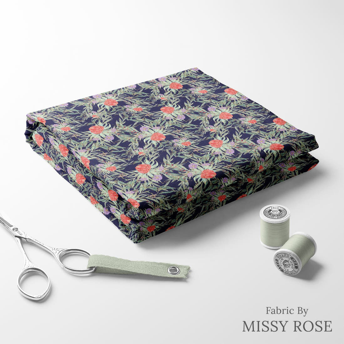 Design 250 Navy Australian Flowers Fabric folded fabric stack with matching thread – pre-order fabric Australia | Fabric by Missy Rose